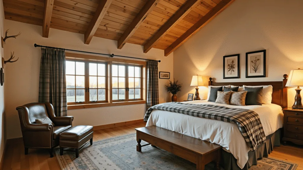 "Cozy rustic cabin bedroom with warm wood tones and plaid textiles on a neutral background"