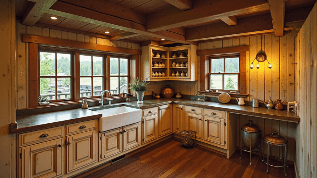 "Warm and cozy rustic cabin kitchen with weathered wood cabinets, copper cookware, vintage ceramic crocks, dried herbs on wooden beams, stone countertops, and a farmhouse sink."