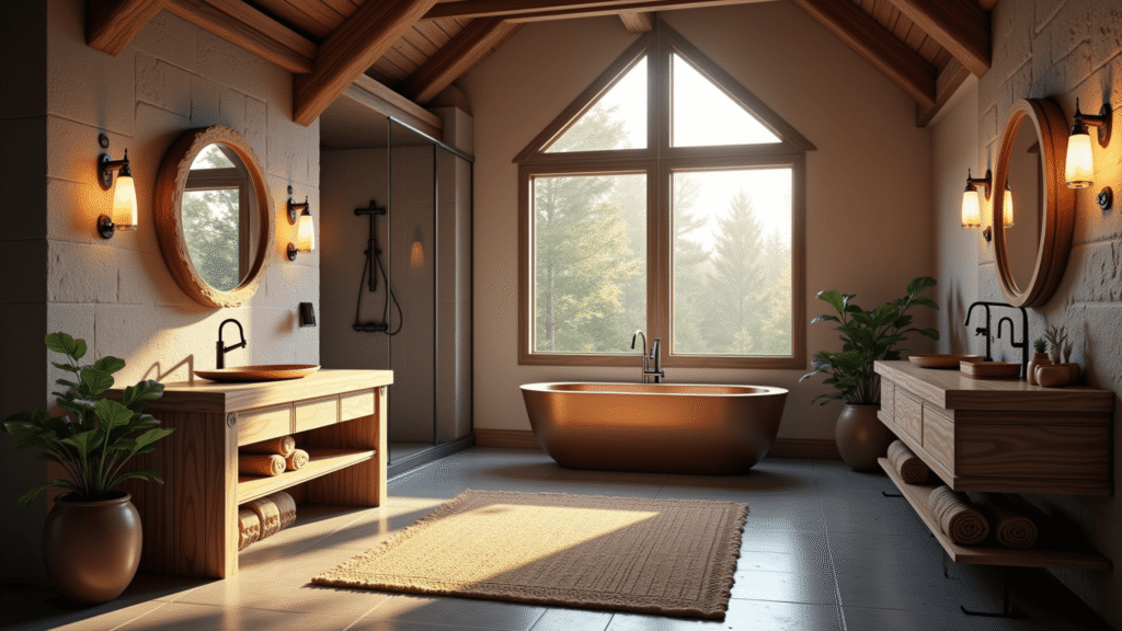 "Luxurious rustic cabin bathroom with copper tub, stone shower, wooden decor and window views of a forest at dusk"