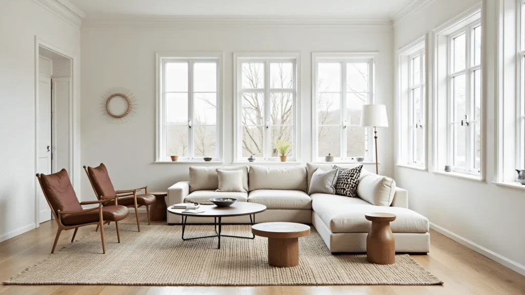 "Scandinavian living room with cream linen sofa, leather chairs, wool rugs, large windows, white walls, light wood floors, and minimalist decor bathed in natural light"