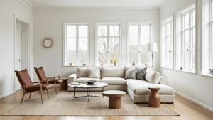 "Scandinavian living room with cream linen sofa, leather chairs, wool rugs, large windows, white walls, light wood floors, and minimalist decor bathed in natural light"