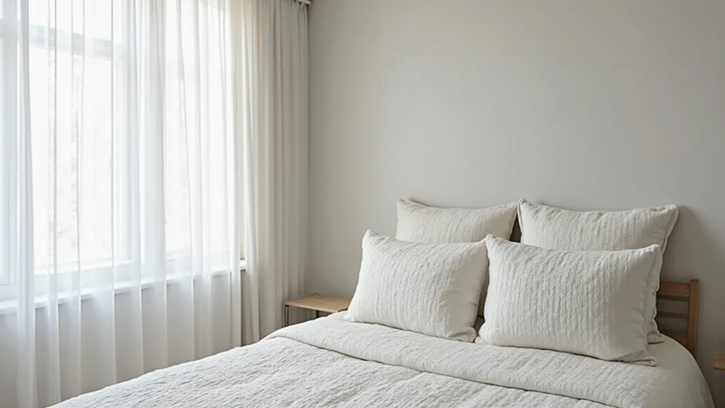 "Serene white bedroom interior with textured linens, plush pillows, and natural light streaming through sheer curtains"