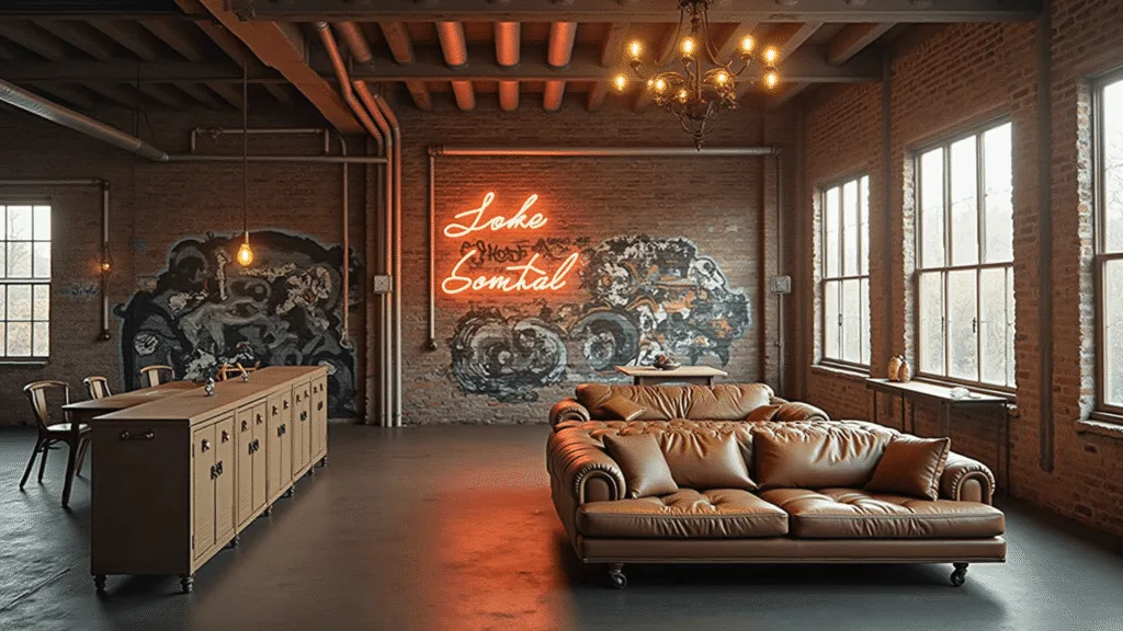 "Industrial loft interior with graffiti, exposed brick, neon lights, leather sofa and vintage decor under golden hour lighting"