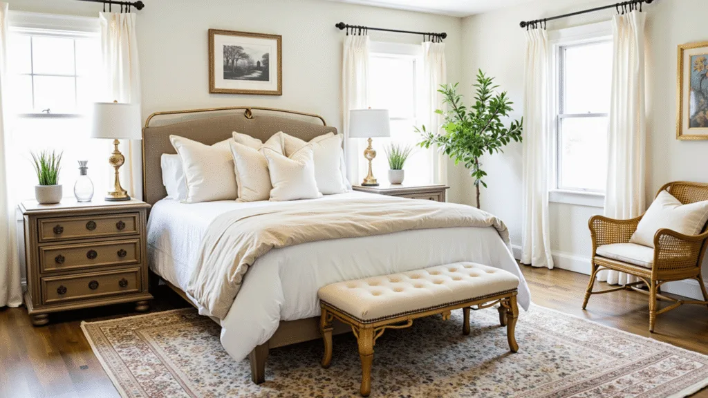 "Bright and welcoming guest room with plush queen bed, brass accents, and natural light filtering through sheer curtains"