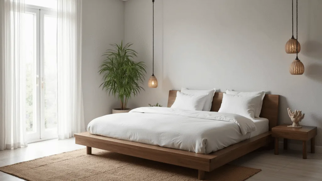 "Zen minimalist bedroom with walnut platform bed, white linen bedding, and natural textures in morning sunlight"