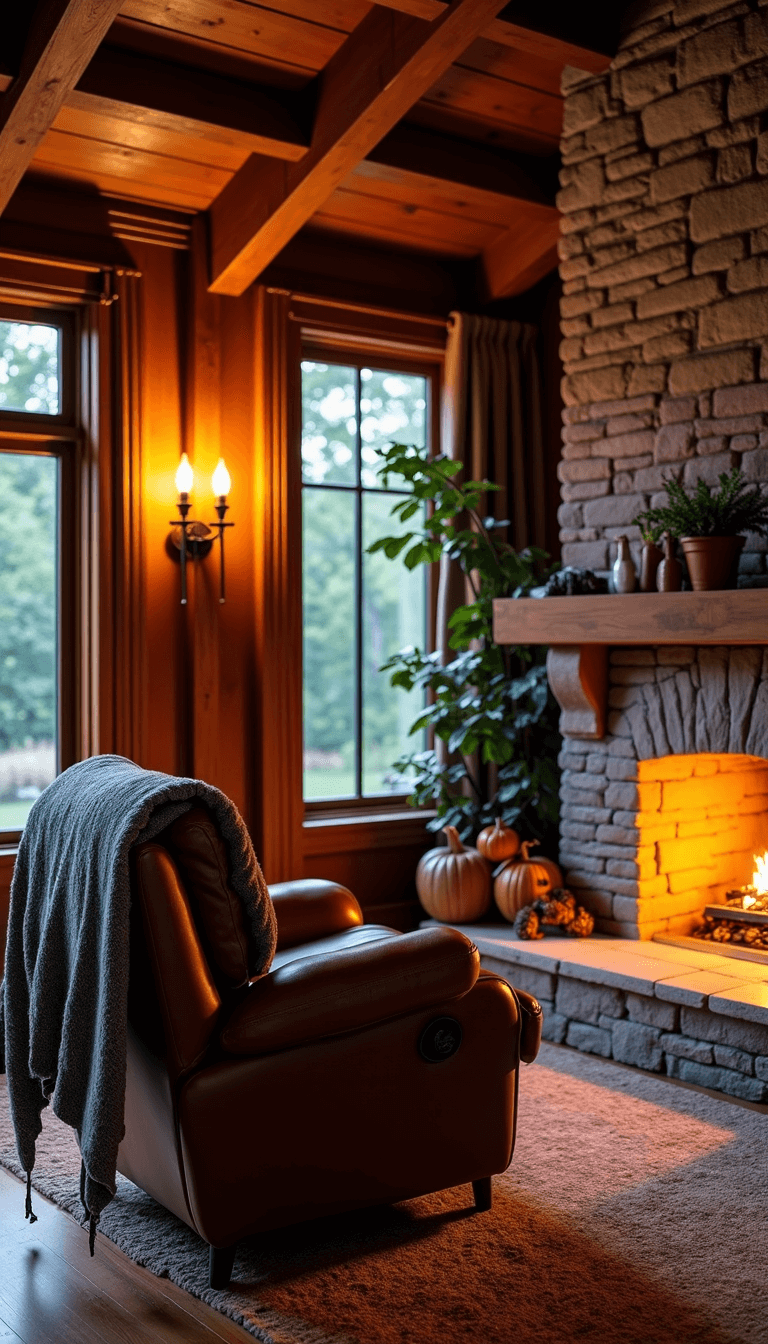 Cozy den with cathedral ceiling, exposed rafters, reading lamps, tobacco brown leather recliner, stone hearth, wool throw, and copper accents at dusk.