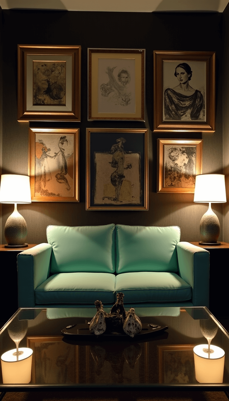 Art Deco-style conversation area at dusk, featuring a mint green sofa against a charcoal grasscloth wallpaper, abstract expressionist art in gold frames, and ambient lighting from decorative table lamps reflected on a smoked glass coffee table.