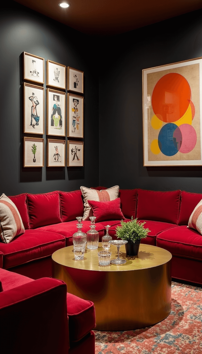 Elevated view of a vibrant 18x20ft entertainment space during cocktail hour featuring jewel-toned velvet seating, a large brass coffee table, modern art displayed on dark charcoal walls, and crystal decanters catching the evening light.