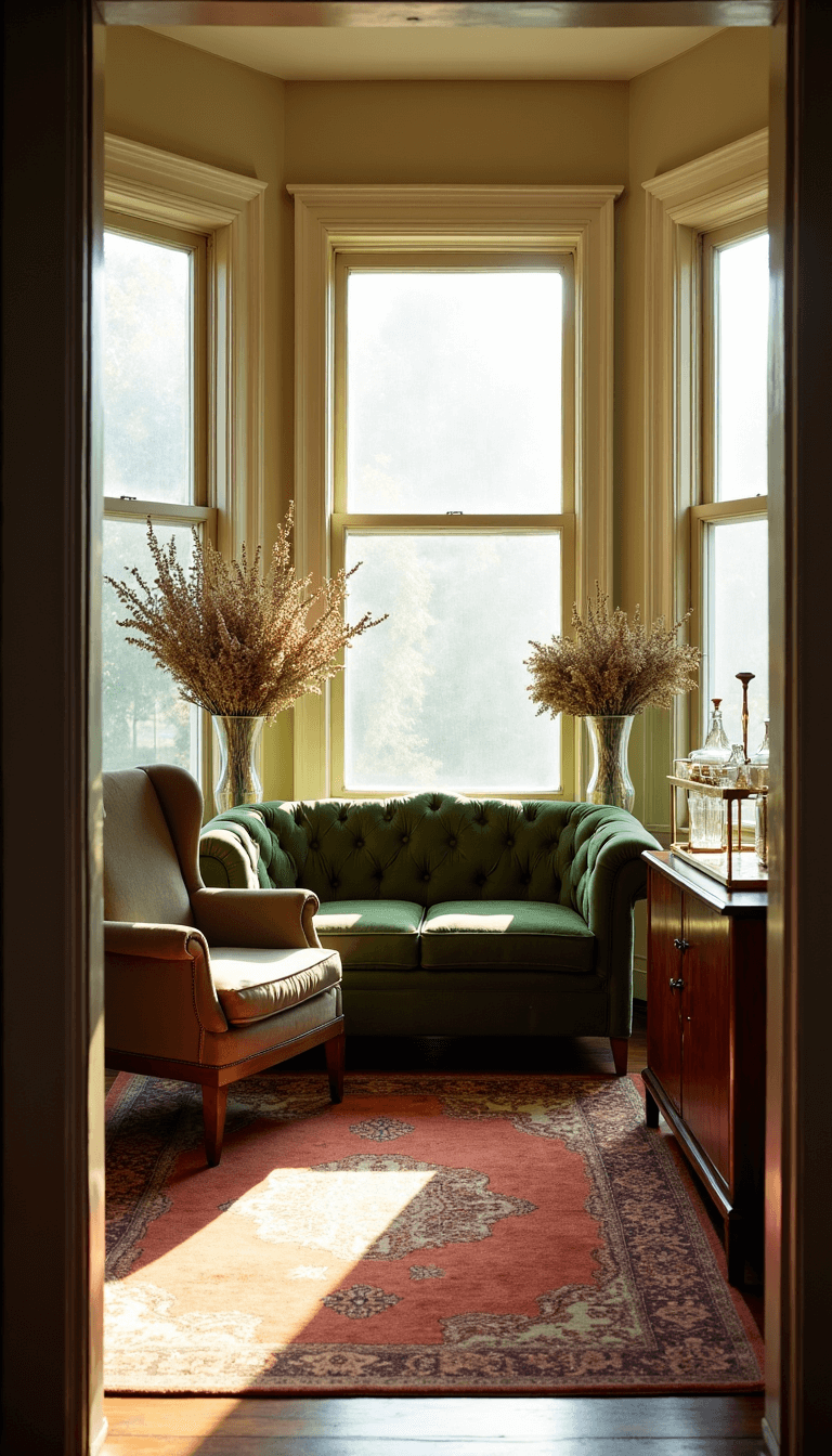 Sunlit vintage living room with high ceilings, a green velvet Chesterfield sofa, Persian rug, leather wingback chair, and mid-century credenza with milk glass vases, as seen from doorway.