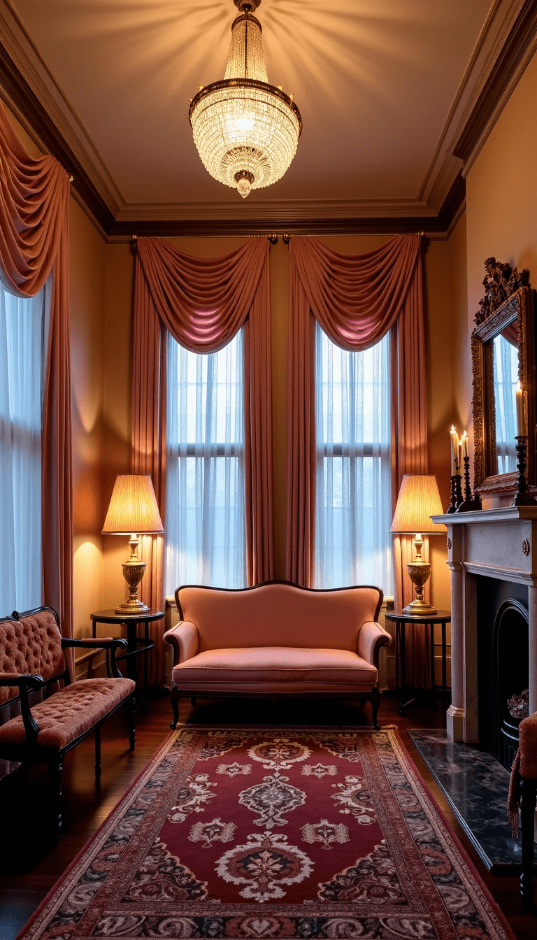 Vintage parlor at dusk with Victorian-era windows, crystal chandelier, antique rose sofa, brass lamps, gilded mirror, marble fireplace, and layered rugs; shot from a low-angle emphasizing the room height.