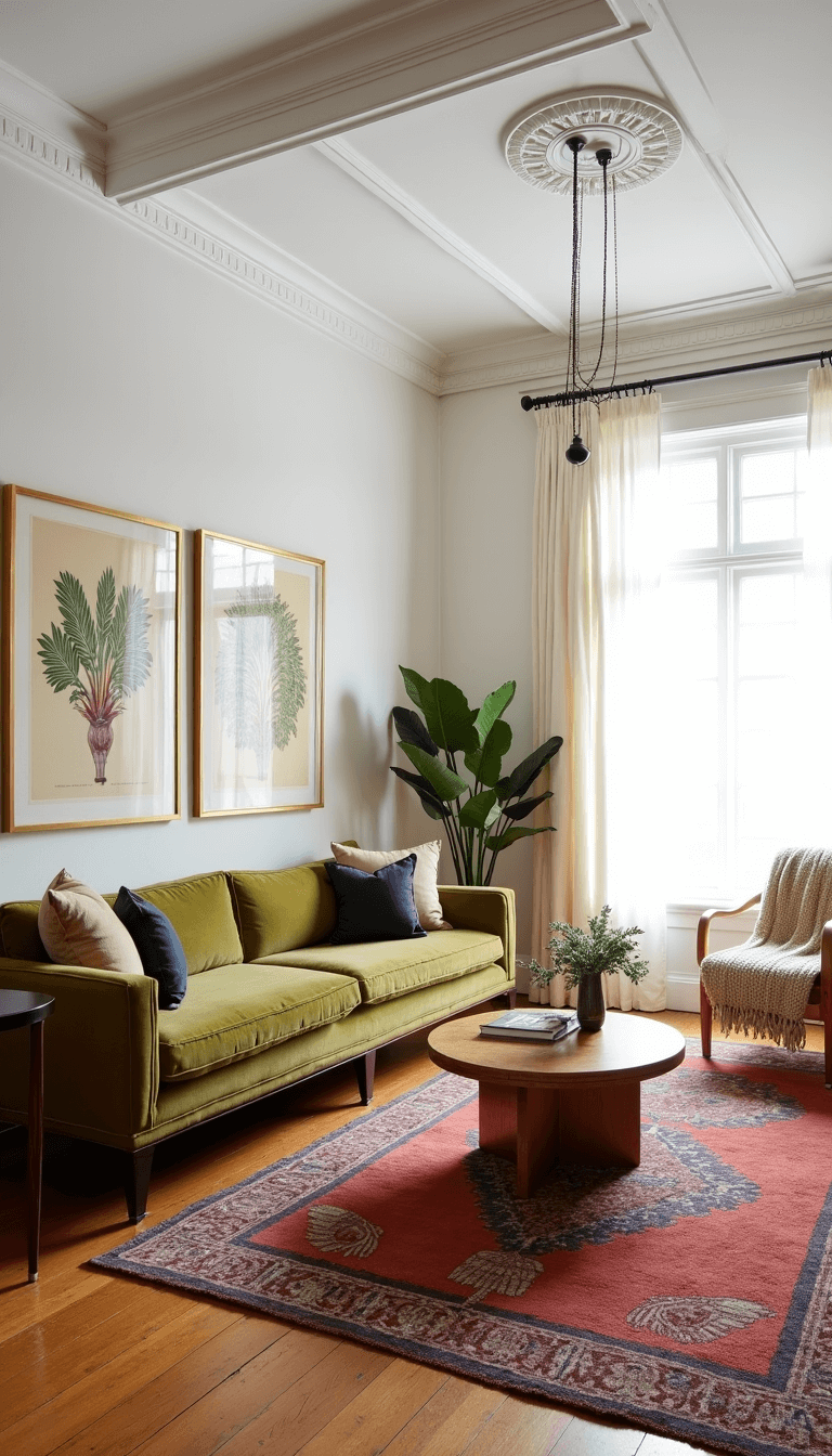 Bright, airy 18x22ft vintage-modern living space with morning light filtering through curtains, high white coffered ceilings, mid-century olive green sectional sofa, brass accent tables, vintage botanical prints on walls, antique kilim runner leading to reading nook with peacock rattan chair, captured with a wide-angle lens from an elevated position.