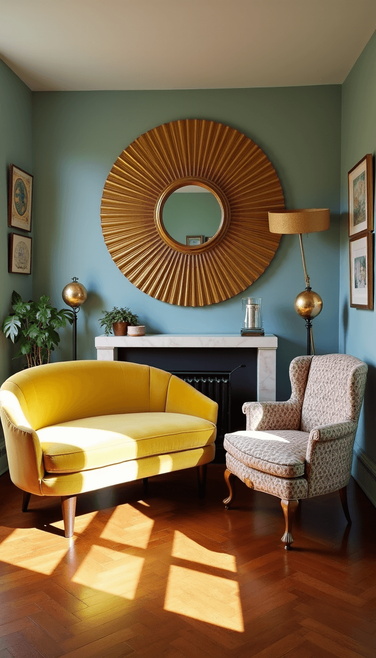 Eclectic vintage salon with herringbone hardwood floors, mustard yellow 1950s sofa, Victorian wingbacks, gilded sunburst mirror, vintage wall art and natural light creating long shadows.