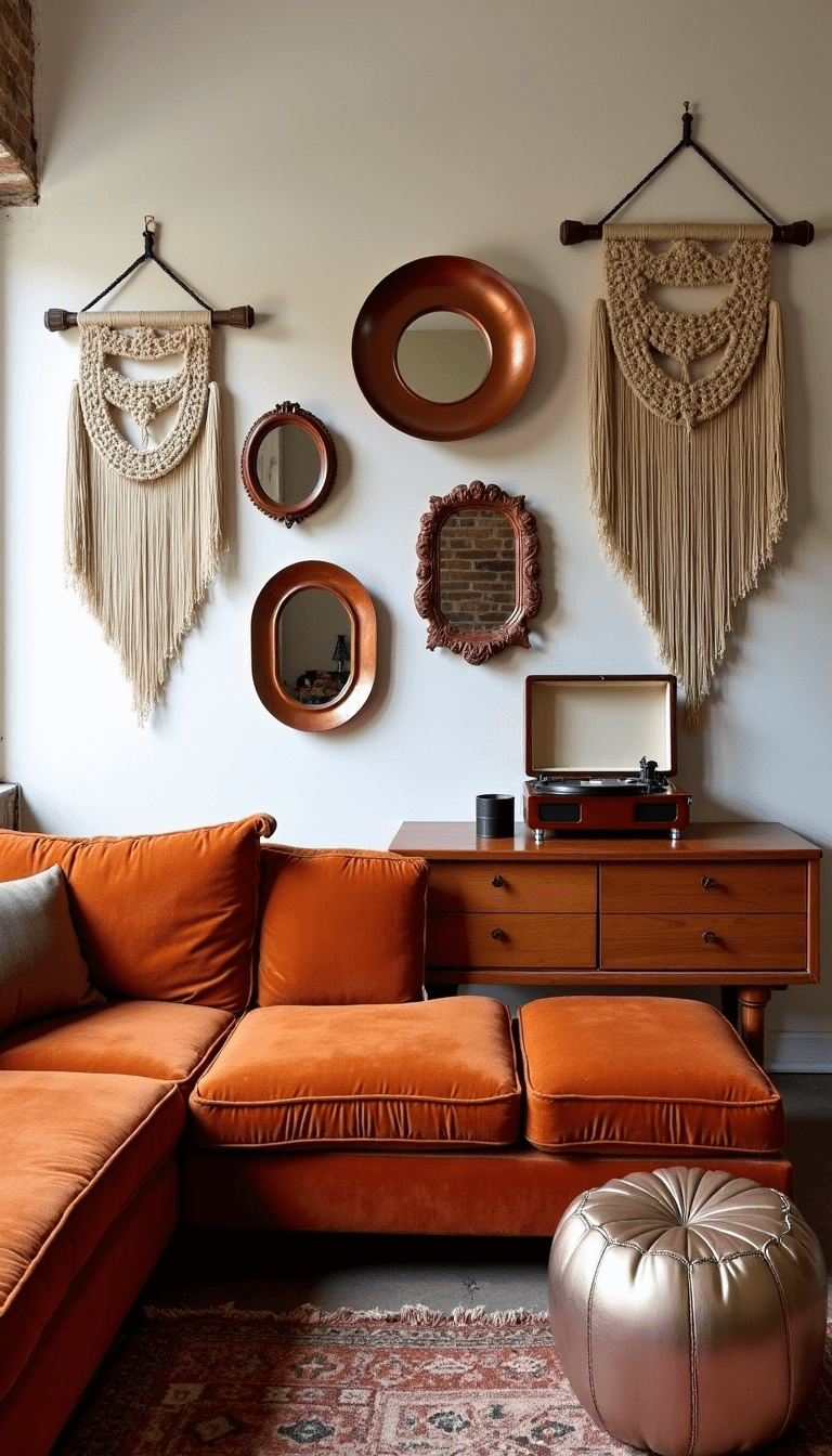 Vintage Bohemian artist's parlor featuring an orange corduroy sectional, metallic Moroccan poufs, and macramé wall hangings around a mirror collection, with a vintage record player and teak credenza, against a white painted brick wall, highlighted by soft, diffused morning light.