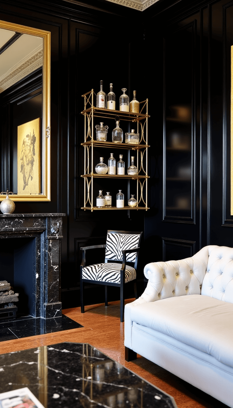 Vintage Hollywood Regency style room at night with high-gloss black lacquered walls, curved white bouclé sofa, brass étagères with vintage decanters, zebra print chairs by a black marble fireplace, and a Venetian mirror gallery wall, highlighted by dramatic uplighting.