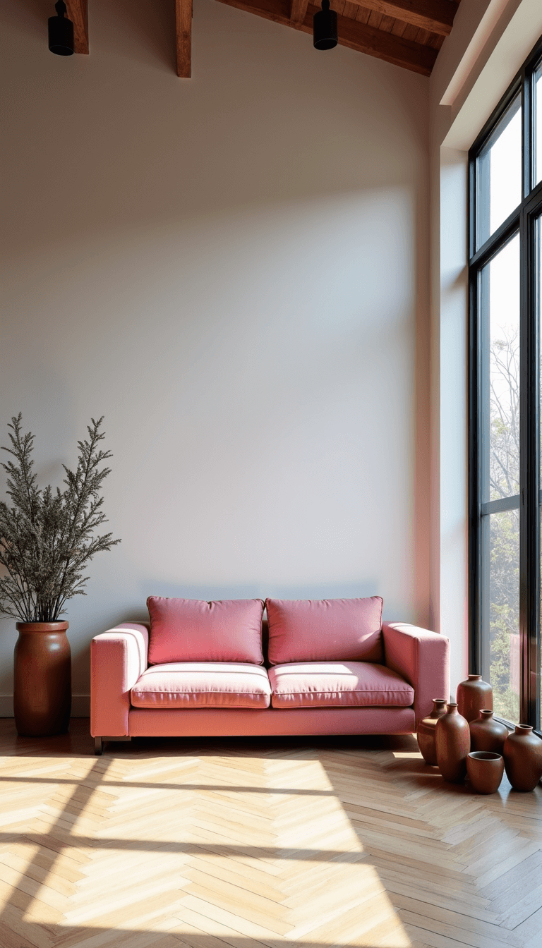 Open concept space with millennial pink sectional, black steel-framed windows, white oak herringbone floors, and ceramic vases cluster bathed in natural and LED light.