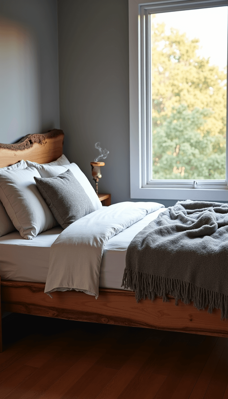 Tranquil 15x15ft bedroom at dawn with raw edge maple platform bed covered in stone-washed linen duvet, handwoven cotton blanket, and textured wool pillows in warm gray, accompanied by a ceramic incense holder with trailing smoke.