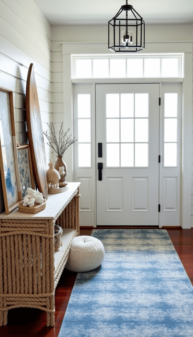 Bright, airy coastal boho retreat entrance featuring chalk white shiplap walls, natural light from transom windows, rope-wrapped console with coral and sea glass, vintage surfboard art beside a chunky knit pouf, and a sisal runner with blue vintage overdye.