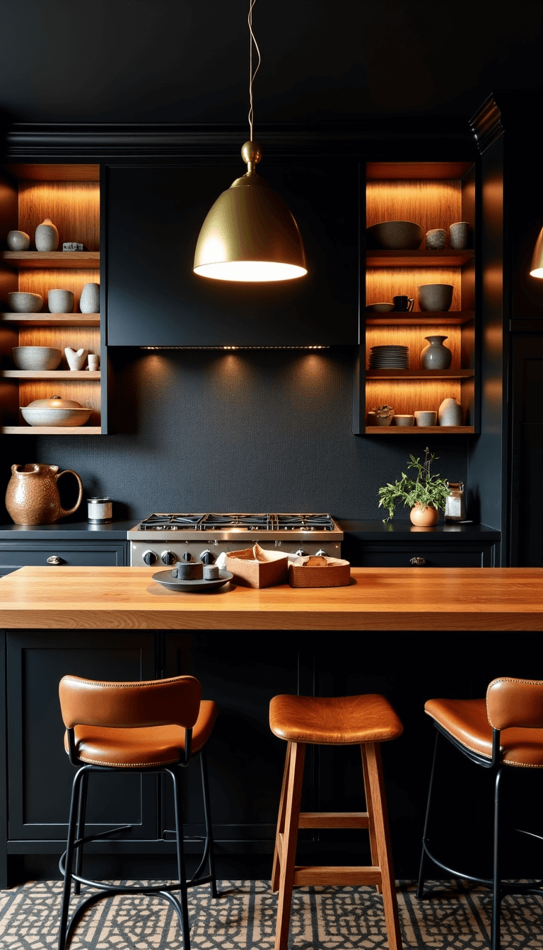 11x14ft sophisticated kitchen with black walls, warm wood open shelving, brass pendant lights, and textured barstools, viewed from the dining area at night.