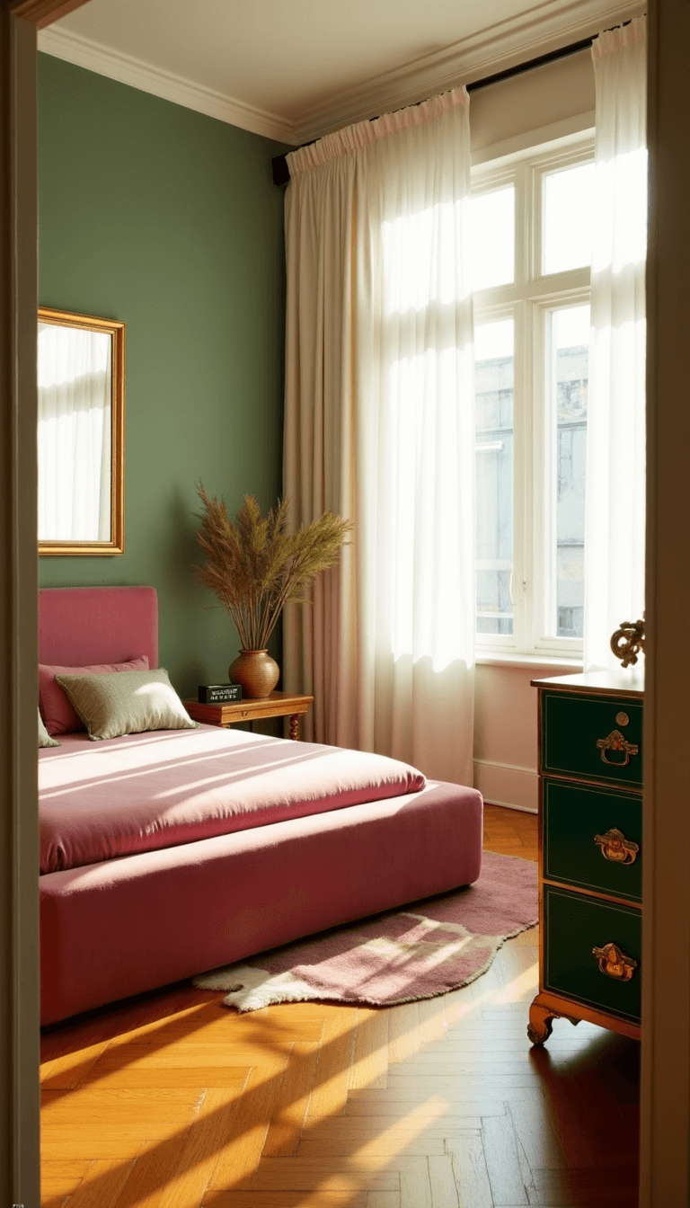 Sun-drenched bedroom with a pink velvet platform bed against a sage green wall, sunlight filtering through white curtains onto herringbone hardwood floors, brass-framed mirror reflecting warm light, and a green dresser with vintage brass handles.