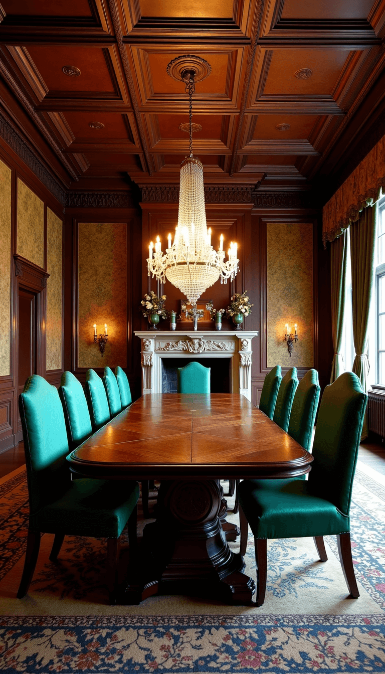 Wide-angle shot of a grand 16x20ft formal Jacobean style dining room at dusk, featuring a large refectory table that seats 12, high-back chairs upholstered in emerald silk damask, floor-to-ceiling tapestries, a carved stone fireplace, and a Venetian glass chandelier illuminating a coffered ceiling, captured with moody ambient fireplace lighting.
