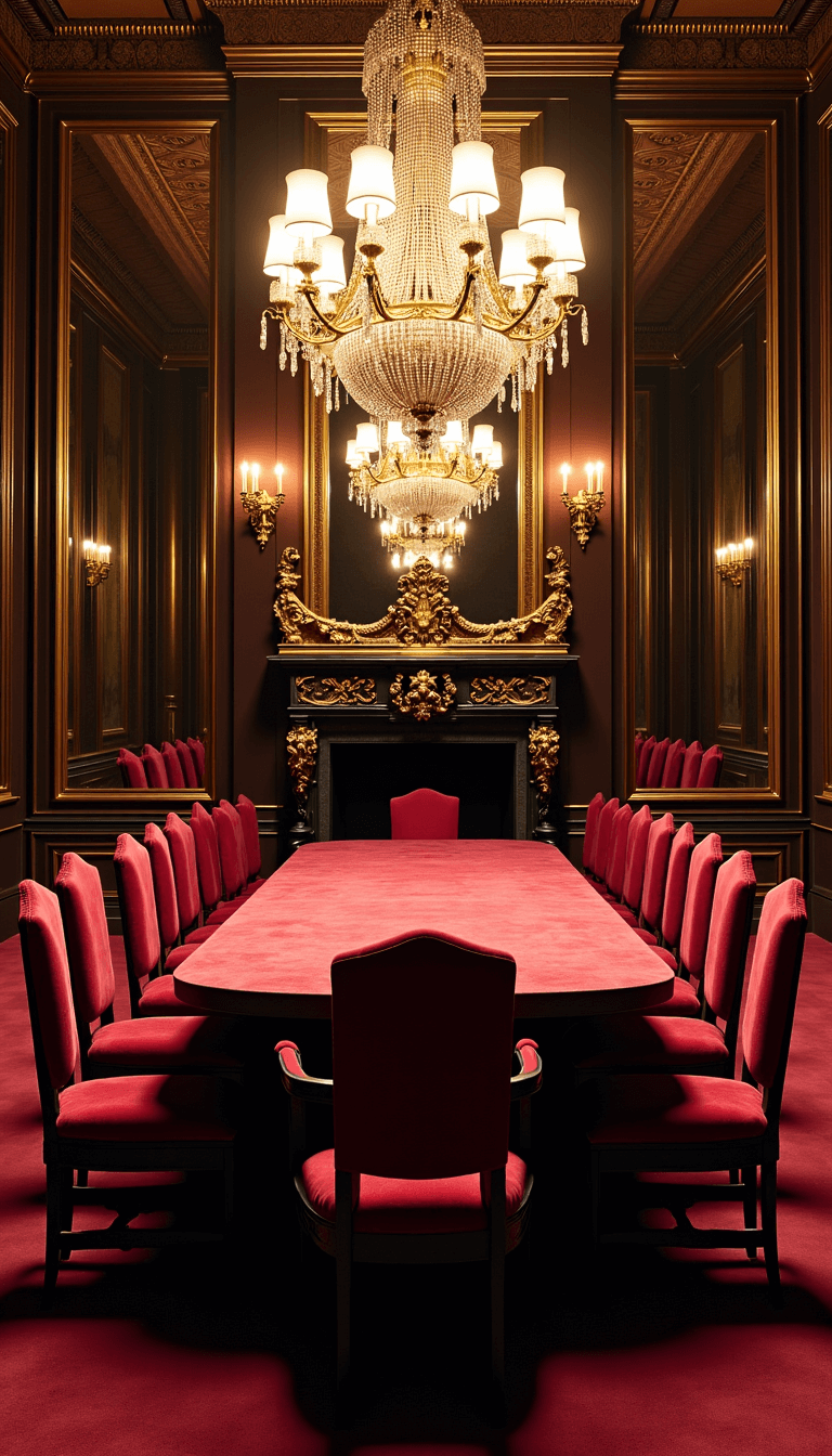Elegant formal dining room with elaborate renaissance revival table, burgundy velvet chairs, massive bronze chandelier, mirrored walls, and a black marble fireplace with gilt overmantel, shown in symmetrical photography and theatrical lighting.