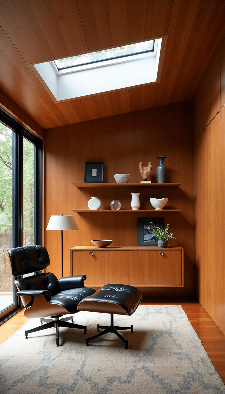 Mid-century den with teak wall paneling, floating credenza with vintage ceramics, black leather Eames lounge chair and ottoman near brass floor lamp, on geometric earth-toned rug, bathed in afternoon light.