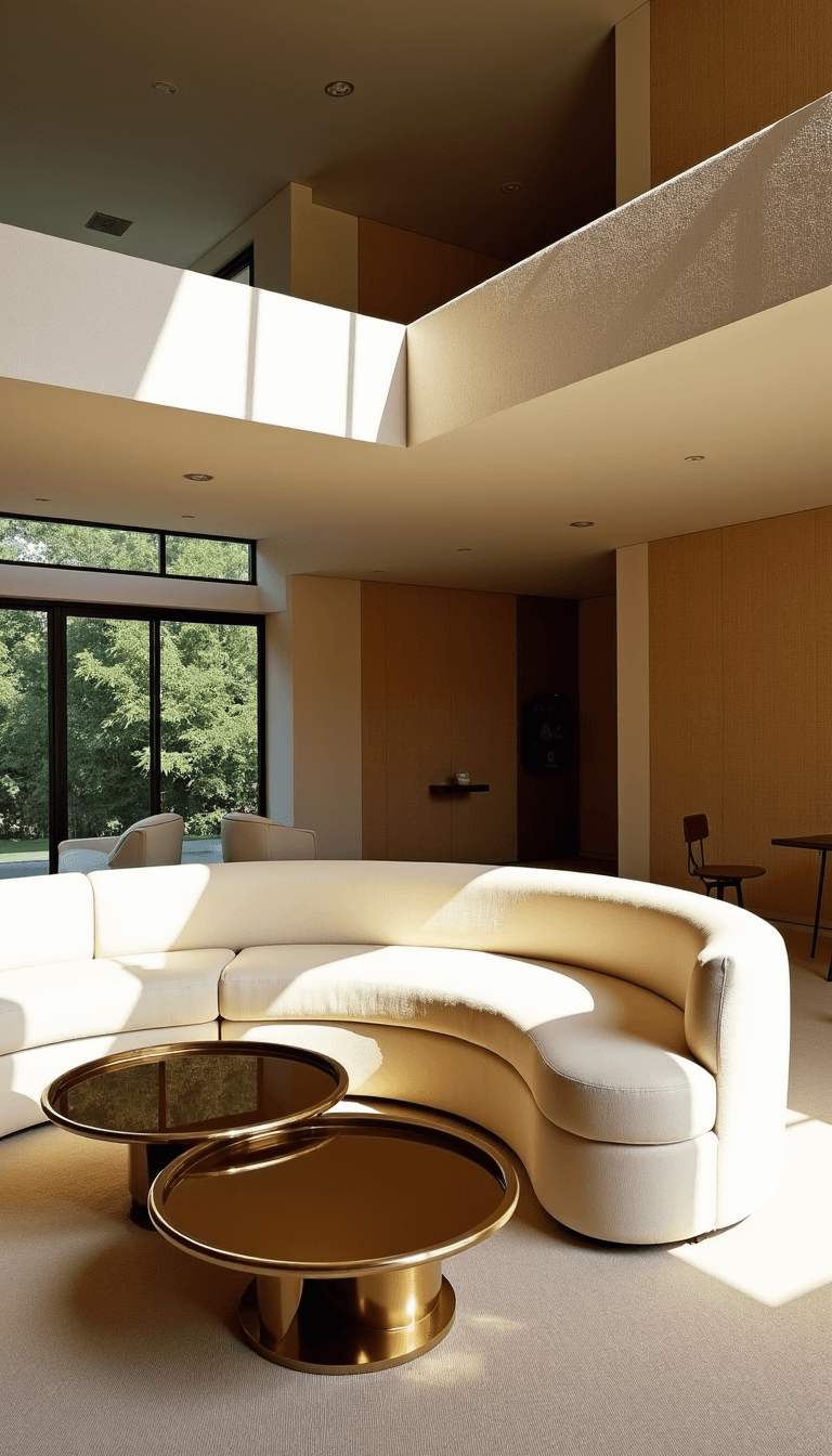 Mid-century living room with split-level design, sunken conversation pit, and afternoon light casting diagonal shadows. Features include a curved Vladimir Kagan sofa, brass and smoked glass cocktail tables, and a grasscloth accent wall.