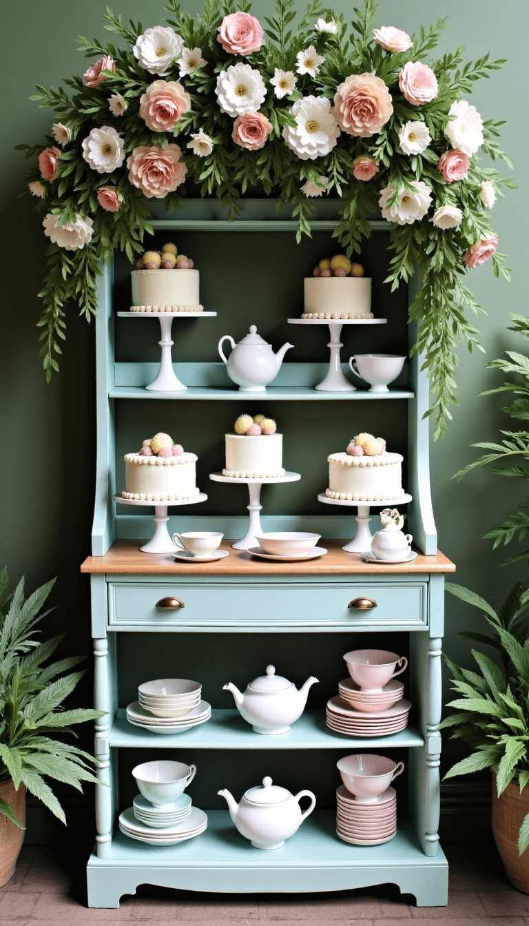 Charming dessert lounge in garden corner with antique baker's rack of tiered cakes, paper flower garlands, and vintage teacups in English garden tea party style.