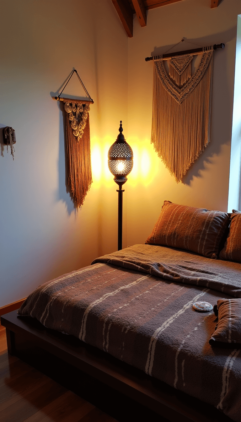Bohemian styled bedroom shot at blue hour with dramatic light patterns from a Moroccan lamp, featuring a macramé wall hanging, low-bed with vintage blanket, and rattan peacock chair.