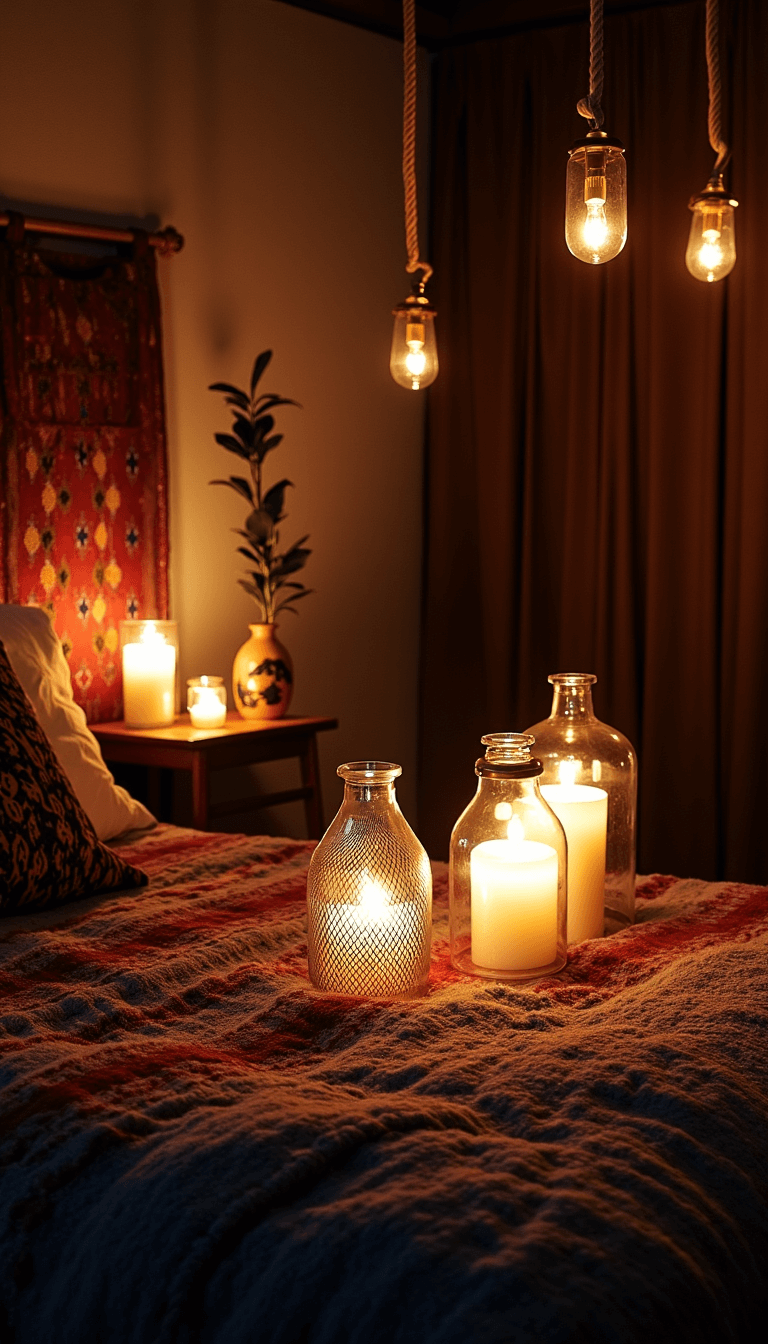Intimate boho-themed bedroom at dusk, lit by various sources like brass lanterns, mercury glass hurricanes and twisted rope lights, highlighting several elements like the vintage kilim headboard and collected pottery.