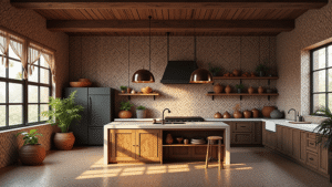 "Sunlit modern kitchen with African-inspired murals, wooden island, brass pendant lights, Moroccan tiles, vintage cookware, potted succulents, and high-end appliances"