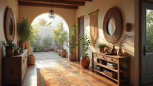 "Bohemian style sunlit entryway with vintage elements, warm-toned Moroccan runner, distressed teak console table, rattan mirror, macramé wall hangings, and travel artifacts."