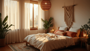 "Boho-styled bedroom bathed in warm golden hour light, featuring a low-profile bed, rattan pendant lamp, Moroccan brass lanterns and unique decor items."