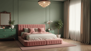 "Luxury bedroom with sage green walls, blush pink velvet bed, and vintage furnishing under golden hour sunlight"
