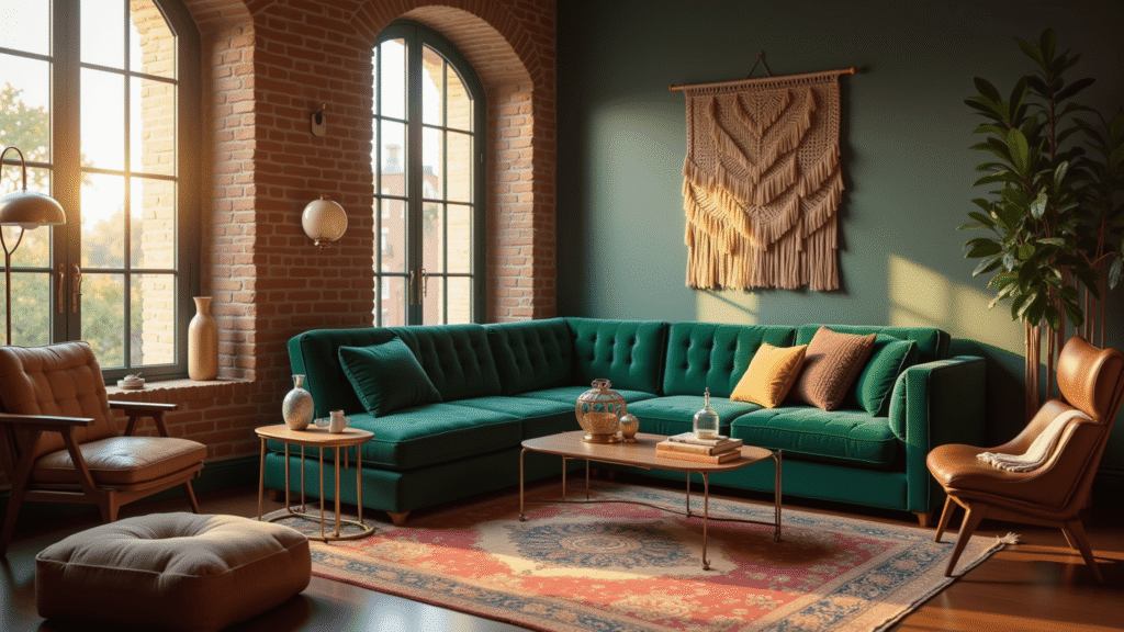 "Sunlit, eclectic living room with brick wall, green velvet sofa, Persian rug, and carefully curated global artifacts, in an architectural digest style at golden hour."