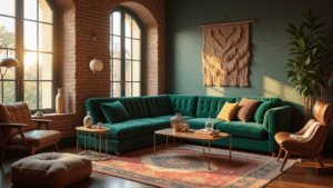 "Sunlit, eclectic living room with brick wall, green velvet sofa, Persian rug, and carefully curated global artifacts, in an architectural digest style at golden hour."