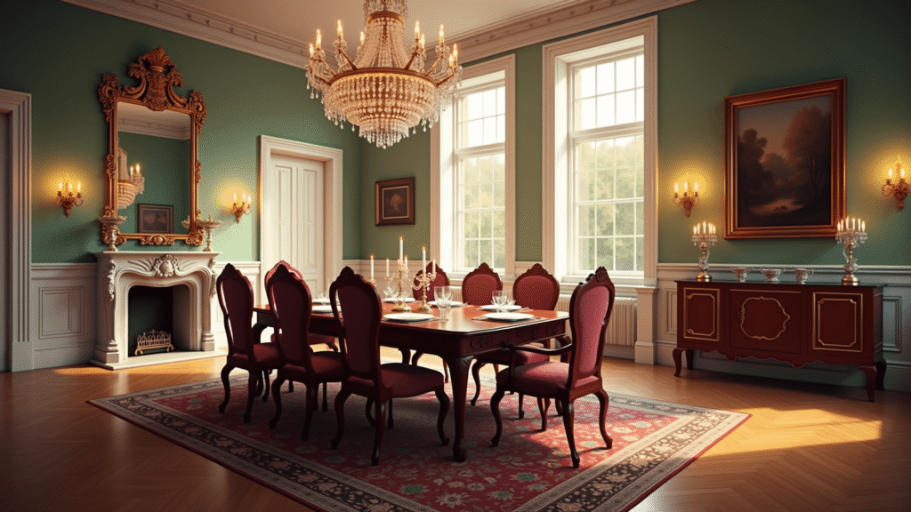 "Elegant Georgian style dining room with mahogany table, burgundy chairs, ornate mirror and marble fireplace, lit by golden hour sunlight."