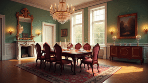 "Elegant Georgian style dining room with mahogany table, burgundy chairs, ornate mirror and marble fireplace, lit by golden hour sunlight."