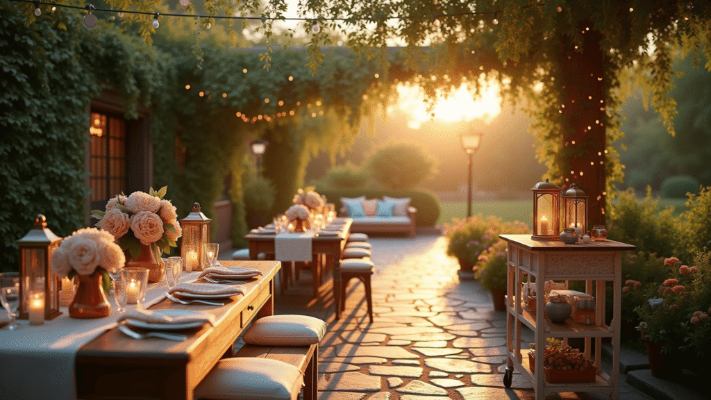 "Enchanted garden party on a terrace at sunset featuring vintage decor, twinkling lights, garden roses and peonies, and a bokeh effect with warm color grading."