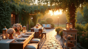 "Enchanted garden party on a terrace at sunset featuring vintage decor, twinkling lights, garden roses and peonies, and a bokeh effect with warm color grading."