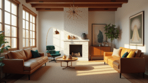 "Sunlit mid-century modern living room with iconic furnishings including Florence Knoll sofa, Eames lounge chair, and Arco floor lamp"