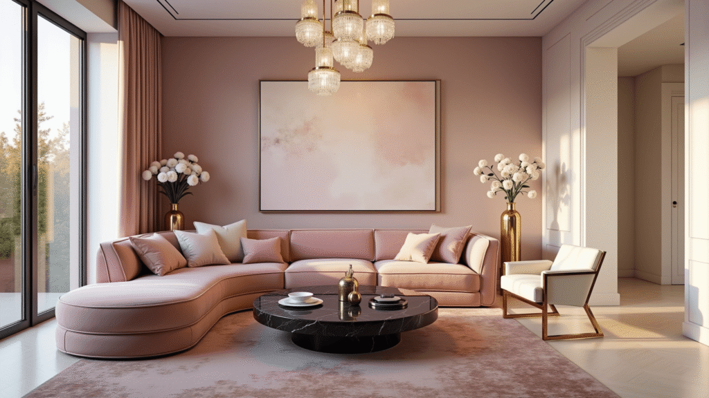 "Luxurious pink living room with velvet sofa, marble coffee table, and crystal chandeliers at golden hour"