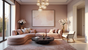 "Luxurious pink living room with velvet sofa, marble coffee table, and crystal chandeliers at golden hour"