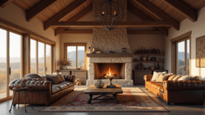 "Rustic living room with reclaimed wooden beams, stone fireplace, distressed leather sofa, vintage decor, and floor-to-ceiling windows casting a warm golden light, with a mountain vista in the background"