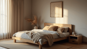 "Wabi-sabi serene bedroom sanctuary featuring natural elements, oak platform bed, tasteful linen bedding, and earth toned decor."