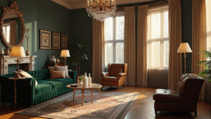 "Vintage living room interior with emerald green Chesterfield sofa, cognac leather wingback chair, brass floor lamps, and a mirror reflecting golden hour sunlight."
